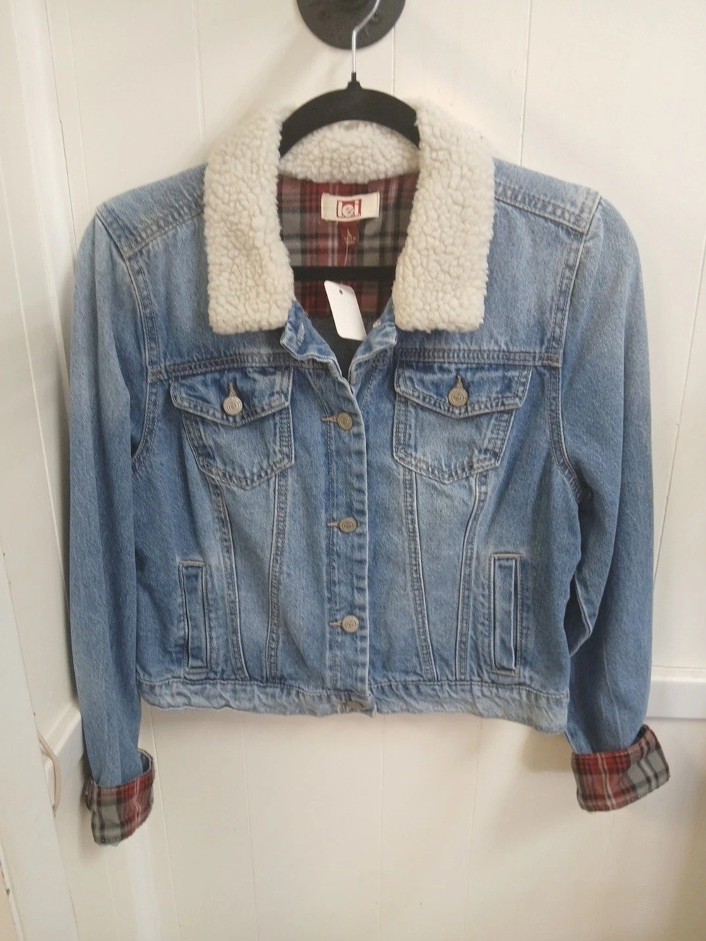 lei Light Blue Denim Jacket with Cream Sherpa Collar Vintage Y2K